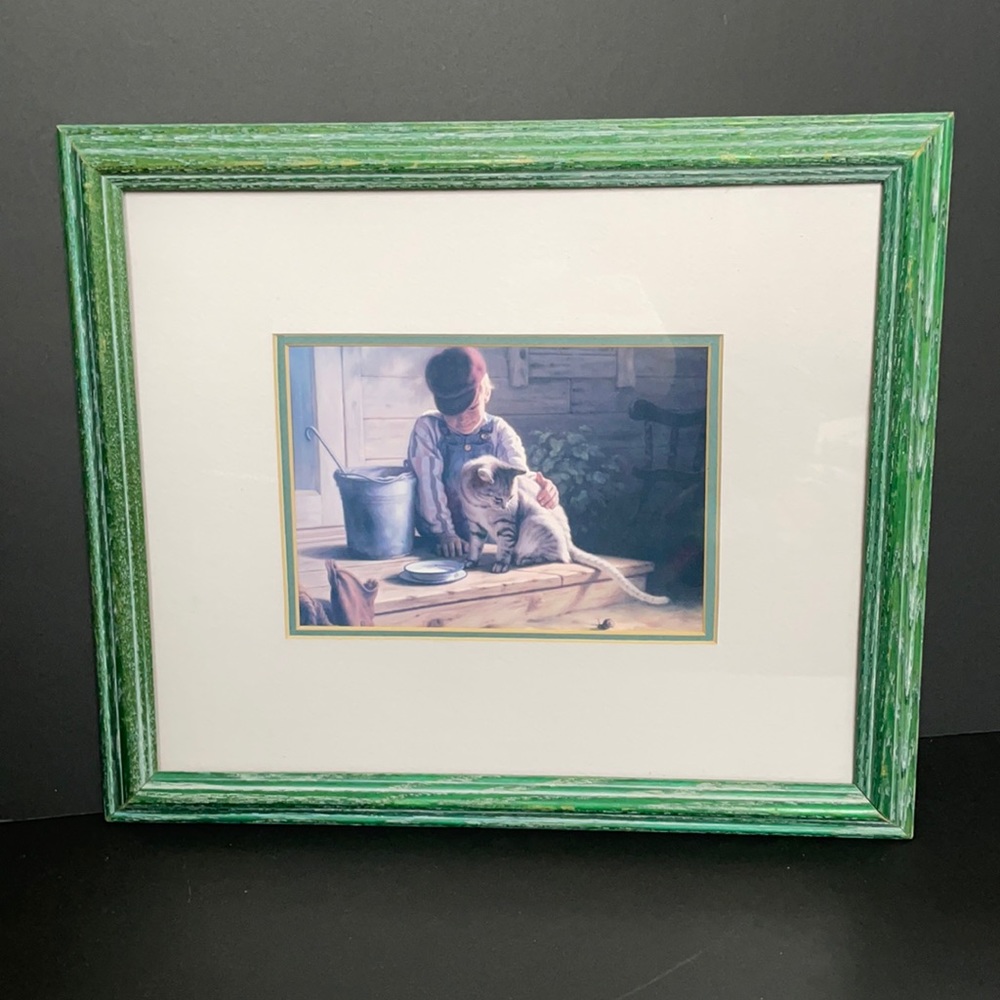 Boy on Porch with Kitty Print Cat Snail Home Decor Framed Wall Art Picture
